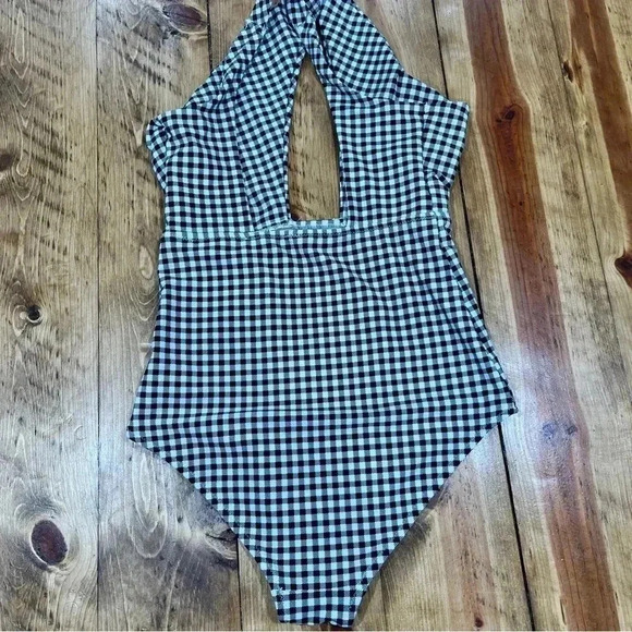 Old Navy black white gingham plunge neck, cross back,1 piece swim suit - Picture 4 of 5